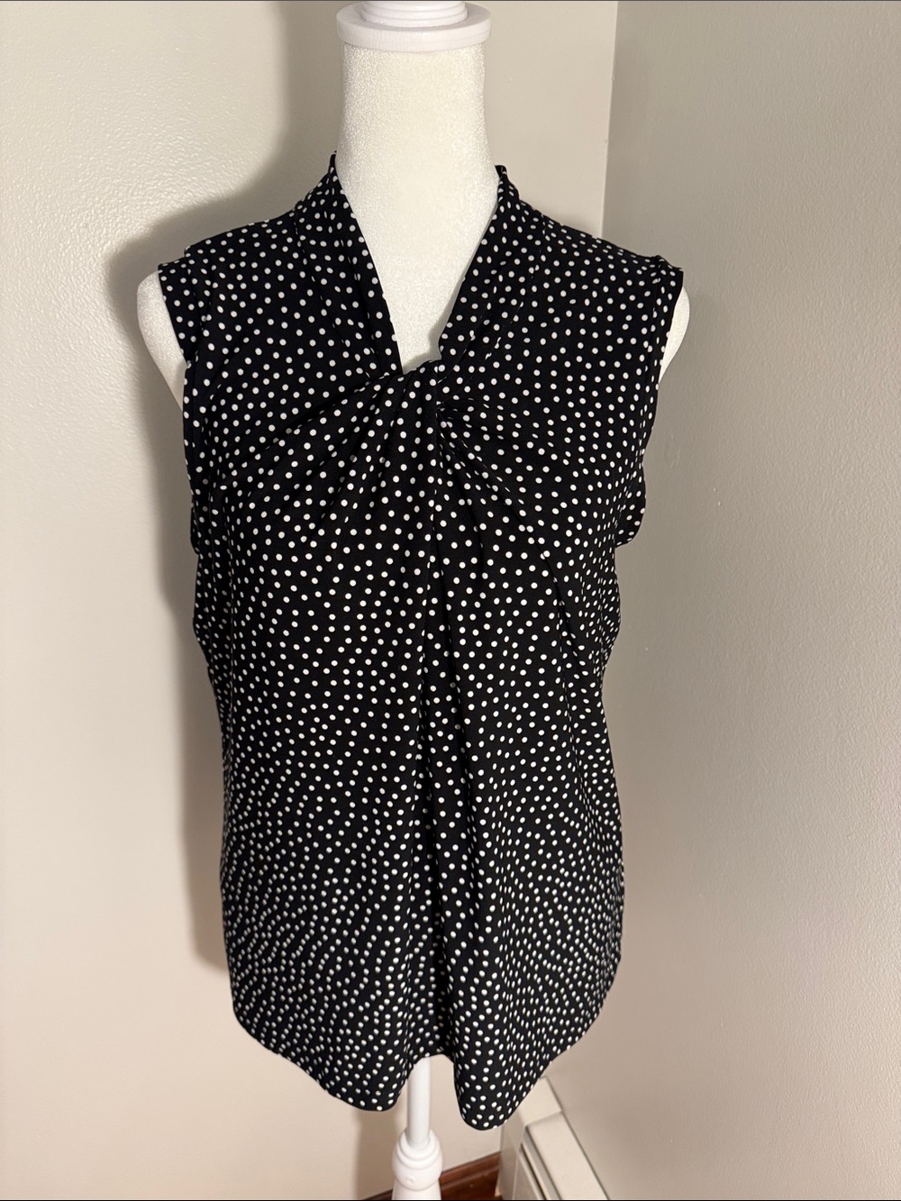 Sleeveless Black & White Polka Dot Twist-Neck Blouse